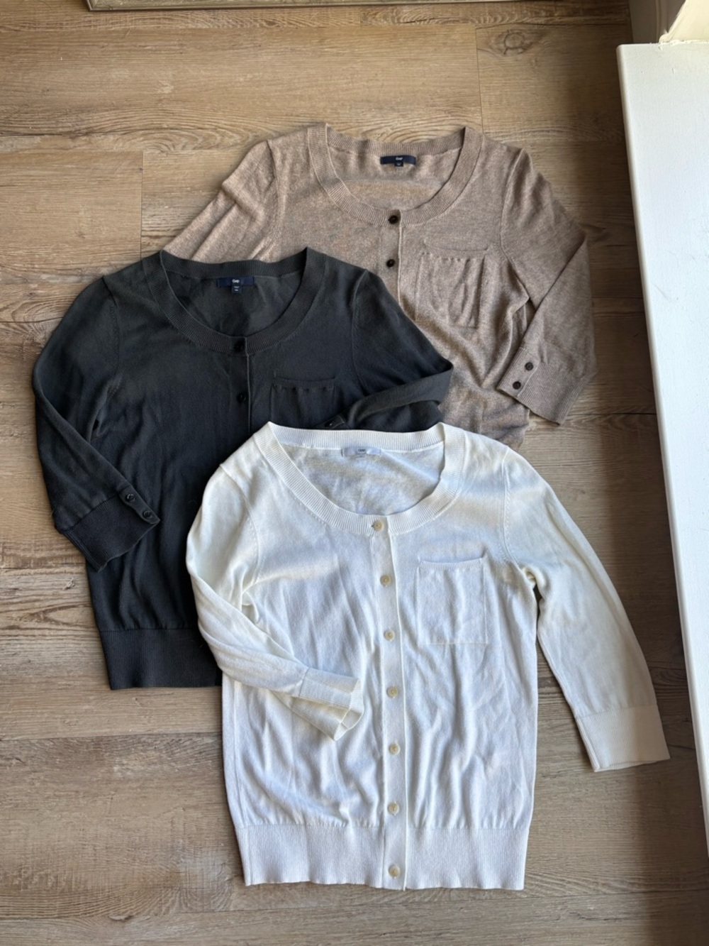 GAP Three-Pack Lightweight Crewneck Cardigans - Cream, Charcoal, Tan